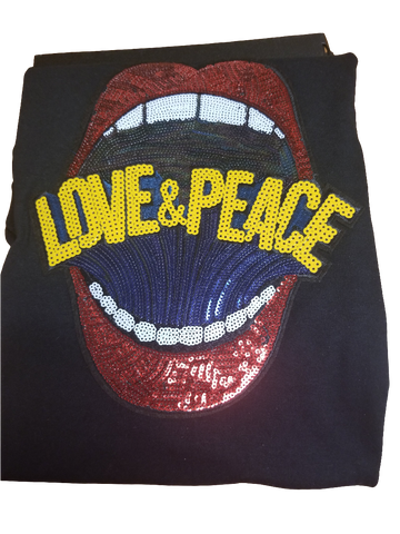 Black T-shirt with love and peace patch