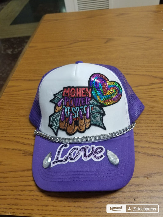 Purple and white Brook's MRP Design Trucker hats